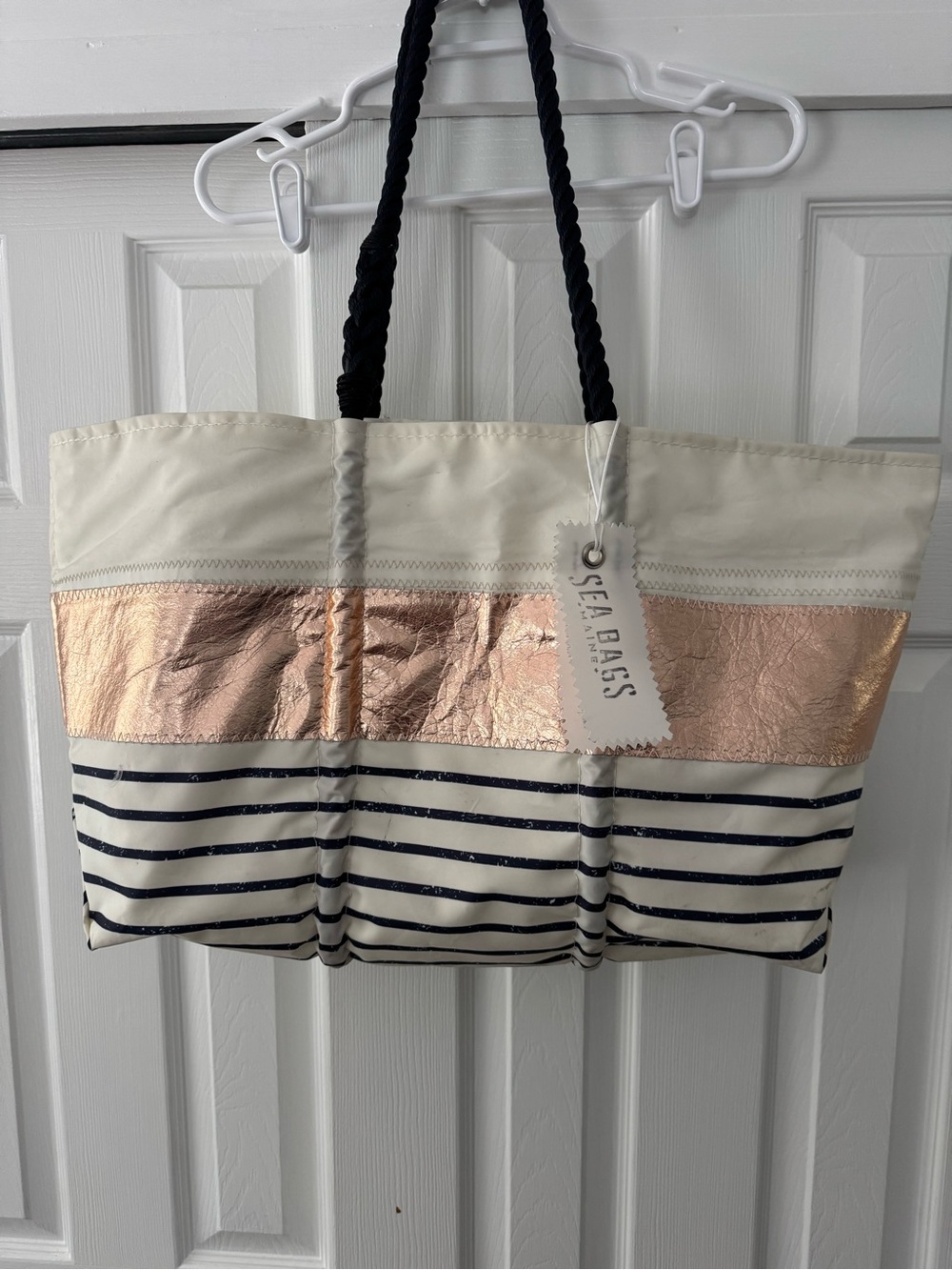 Sea Bags of Maine Large Tote with Rose Gold and Navy Stripe